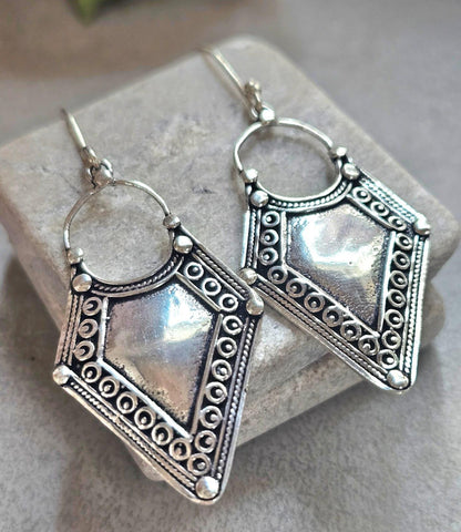 Boho Silver Plated Dangle Earrings | Tribal Design | Lightweight Hypoallergenic Statement Earrings