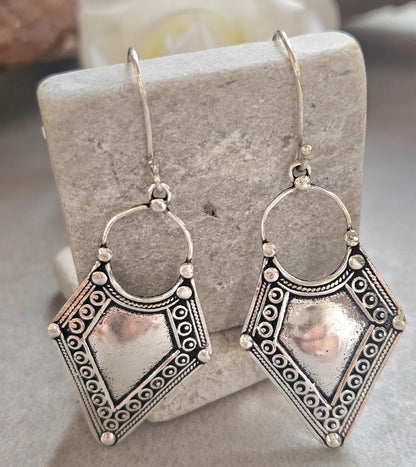 Boho Silver Plated Dangle Earrings | Tribal Design | Lightweight Hypoallergenic Statement Earrings