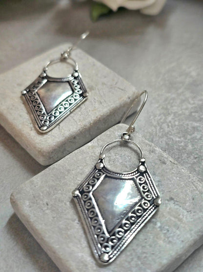 Boho Silver Plated Dangle Earrings | Tribal Design | Lightweight Hypoallergenic Statement Earrings