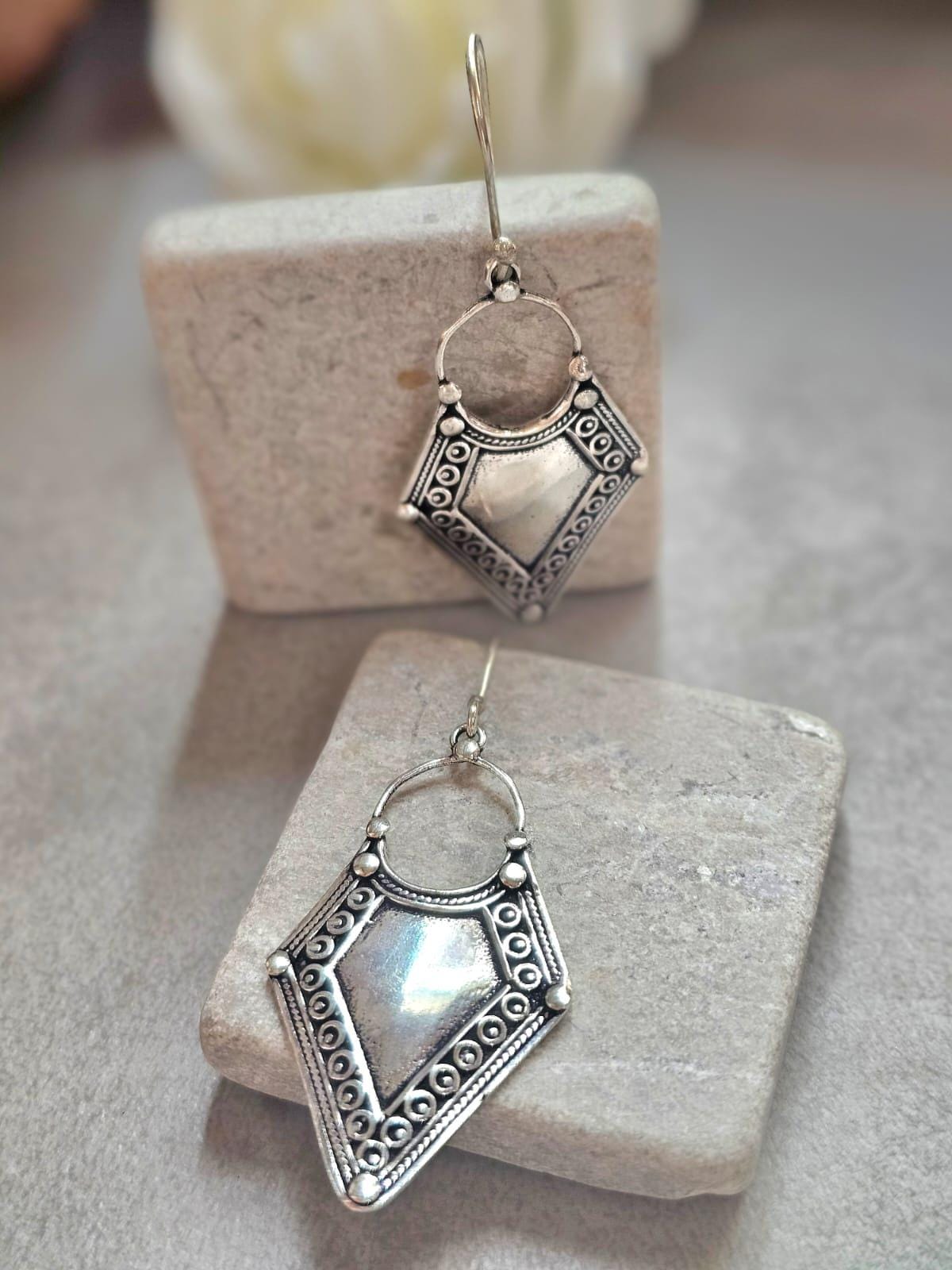 Boho Silver Plated Dangle Earrings | Tribal Design | Lightweight Hypoallergenic Statement Earrings