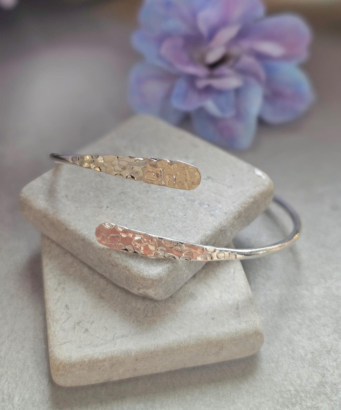 Silver Plated Hammered Bracelet – Adjustable Open Cuff Bangle – Minimalist Delicate Jewellery – Gift for Her – Textured Stackable Bracelet