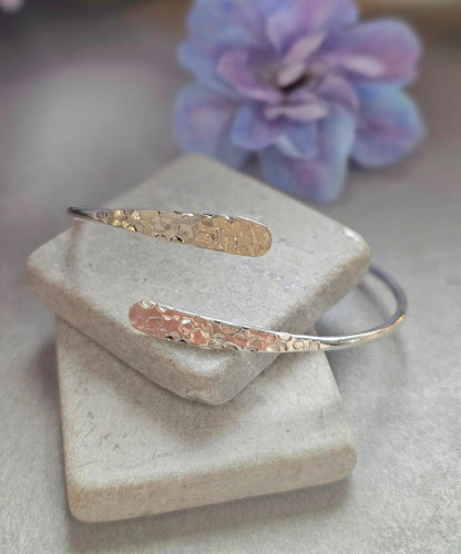 Silver Plated Hammered Bracelet – Adjustable Open Cuff Bangle – Minimalist Delicate Jewellery – Gift for Her – Textured Stackable Bracelet