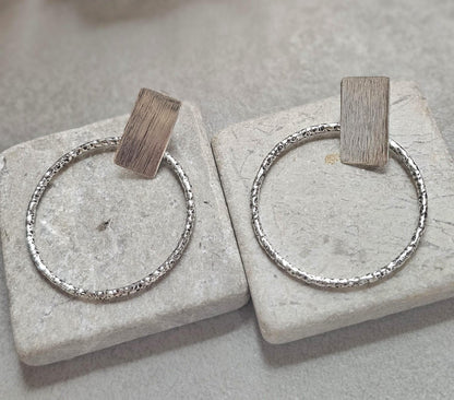 Silver Plated Hoop Earrings | Textured Circle Drop Earrings | Minimalist Geometric Stud Hoops | Modern Statement Jewellery | Gift for Her