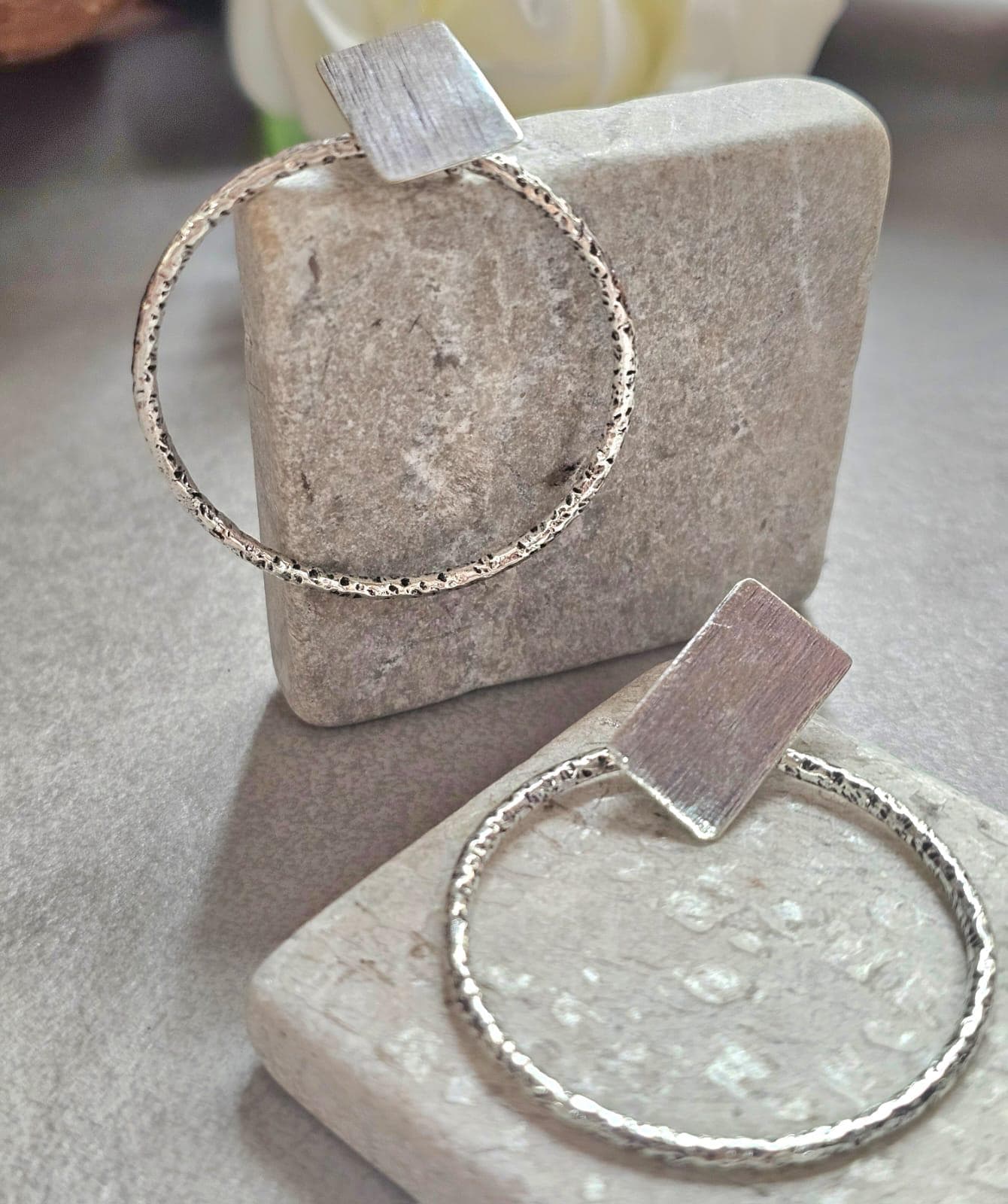 Silver Plated Hoop Earrings | Textured Circle Drop Earrings | Minimalist Geometric Stud Hoops | Modern Statement Jewellery | Gift for Her