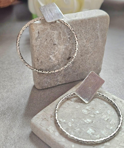 Silver Plated Hoop Earrings | Textured Circle Drop Earrings | Minimalist Geometric Stud Hoops | Modern Statement Jewellery | Gift for Her