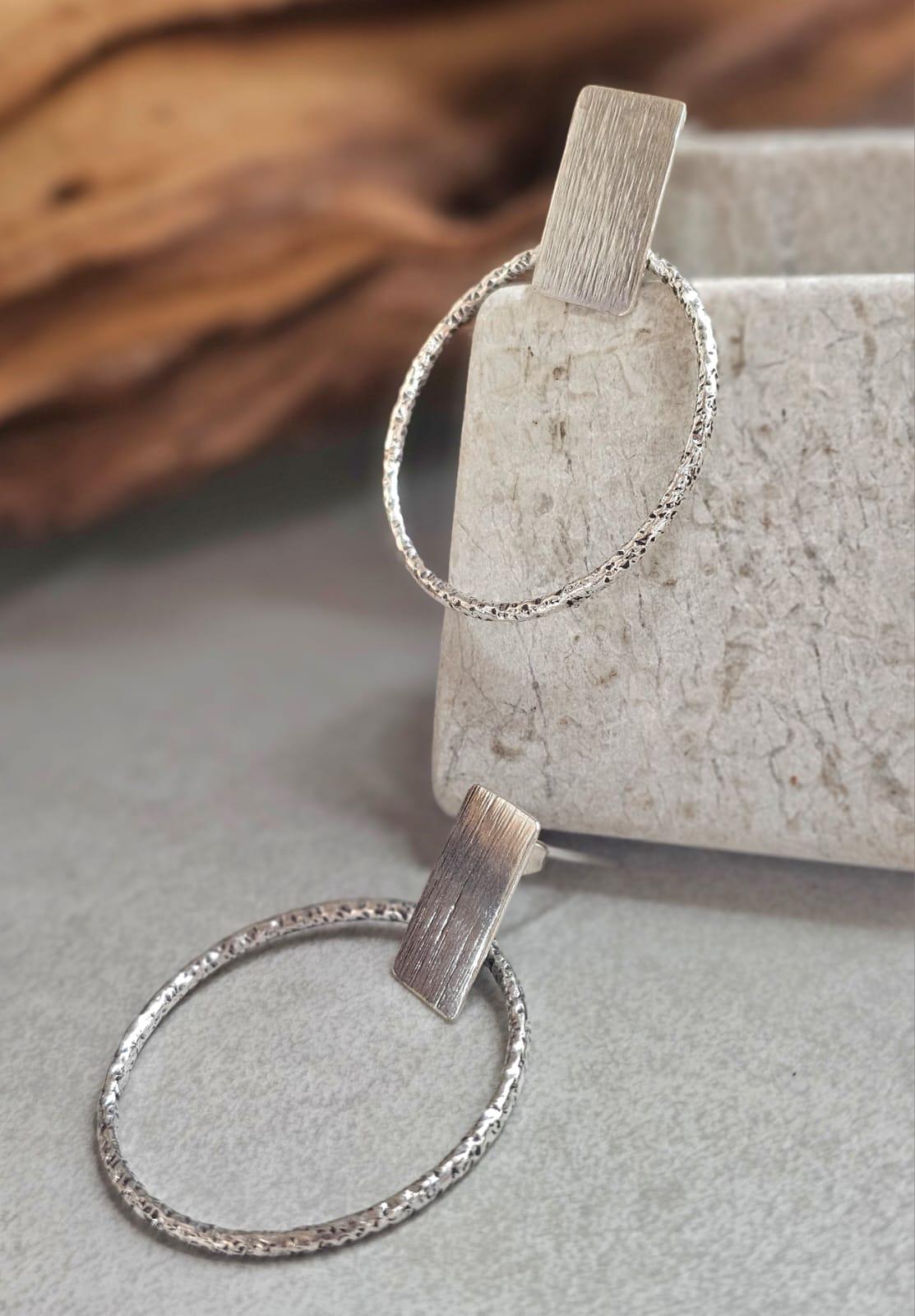 Silver Plated Hoop Earrings | Textured Circle Drop Earrings | Minimalist Geometric Stud Hoops | Modern Statement Jewellery | Gift for Her