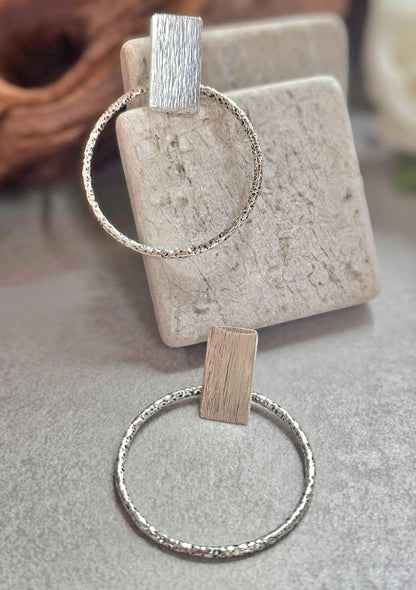 Silver Plated Hoop Earrings | Textured Circle Drop Earrings | Minimalist Geometric Stud Hoops | Modern Statement Jewellery | Gift for Her