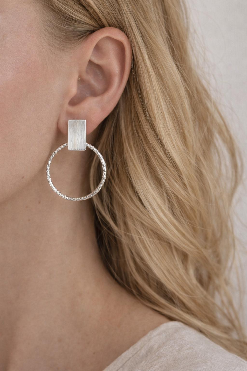 Silver Plated Hoop Earrings | Textured Circle Drop Earrings | Minimalist Geometric Stud Hoops | Modern Statement Jewellery | Gift for Her