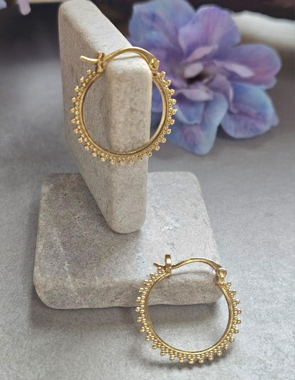 Small Brass Hoop Earrings, Dainty Beaded Hoops, Minimalist Boho Earrings, Everyday Gold Hoop Earrings, Lightweight Jewellery Gift for Her