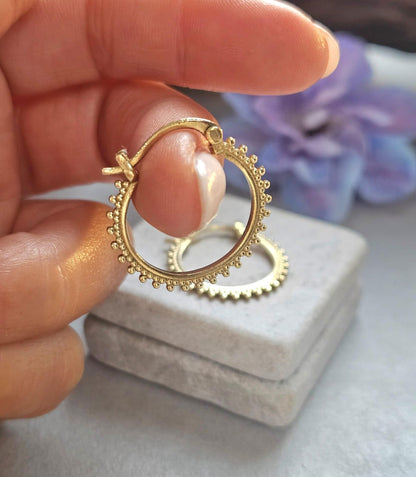 Small Brass Hoop Earrings, Dainty Beaded Hoops, Minimalist Boho Earrings, Everyday Gold Hoop Earrings, Lightweight Jewellery Gift for Her