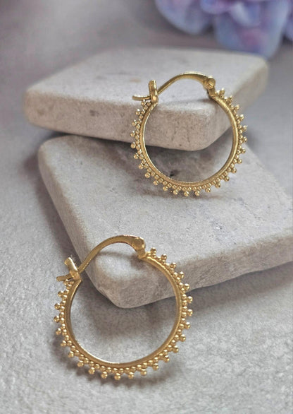 Small Brass Hoop Earrings, Dainty Beaded Hoops, Minimalist Boho Earrings, Everyday Gold Hoop Earrings, Lightweight Jewellery Gift for Her