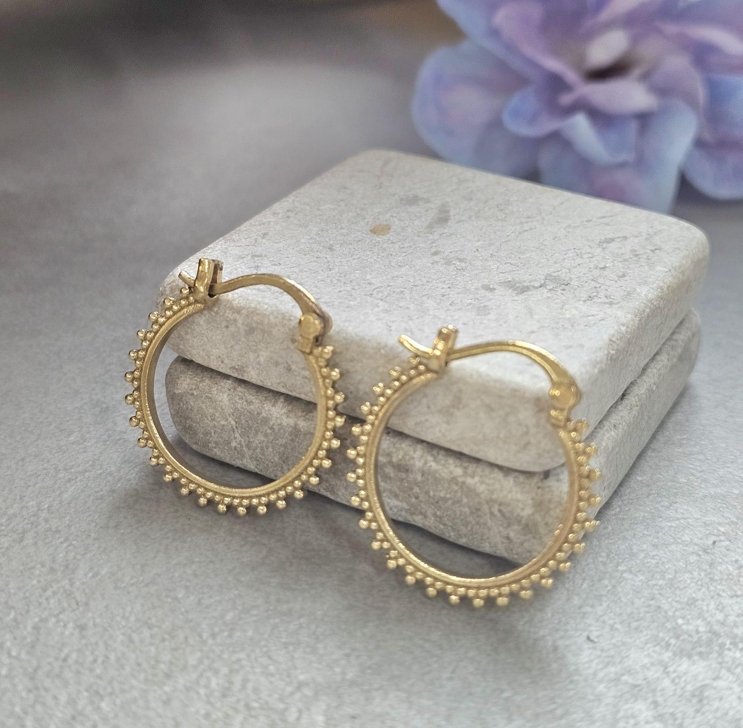 Small Brass Hoop Earrings, Dainty Beaded Hoops, Minimalist Boho Earrings, Everyday Gold Hoop Earrings, Lightweight Jewellery Gift for Her