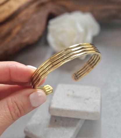 Raw Brass Cuff Bracelet, Minimalist Gold Cuff, Adjustable Open Bangle, Layered Stack Bracelet, Boho Jewelry, Gift for Her