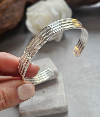Silver Cuff Bracelet, Minimalist Silver Bangle, Adjustable Open Cuff, Layered Stack Bracelet, Modern Boho Jewellery, Gift for Her