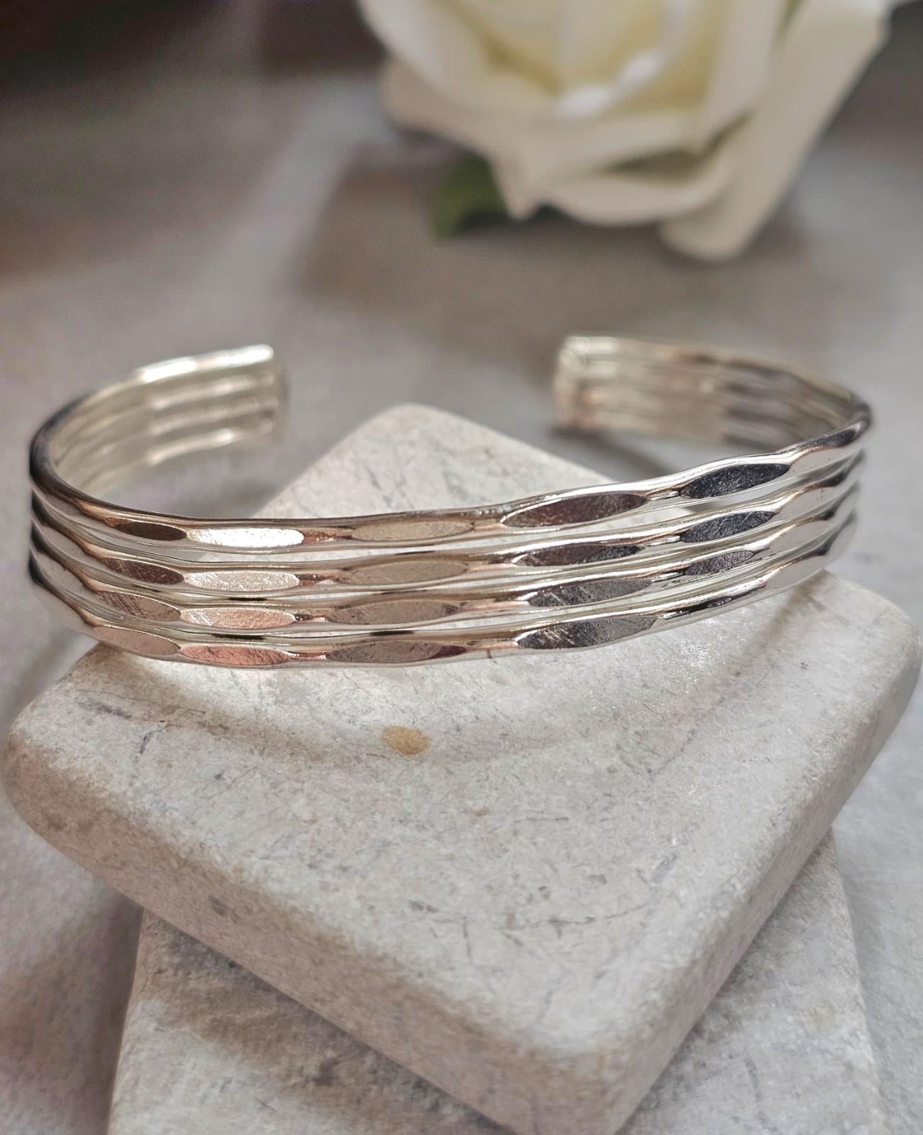 Silver Cuff Bracelet, Minimalist Silver Bangle, Adjustable Open Cuff, Layered Stack Bracelet, Modern Boho Jewellery, Gift for Her