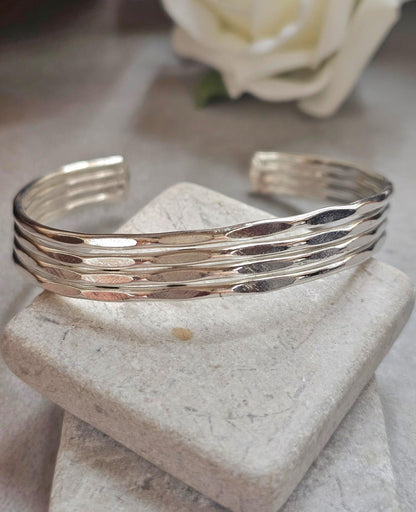 Silver Cuff Bracelet, Minimalist Silver Bangle, Adjustable Open Cuff, Layered Stack Bracelet, Modern Boho Jewellery, Gift for Her