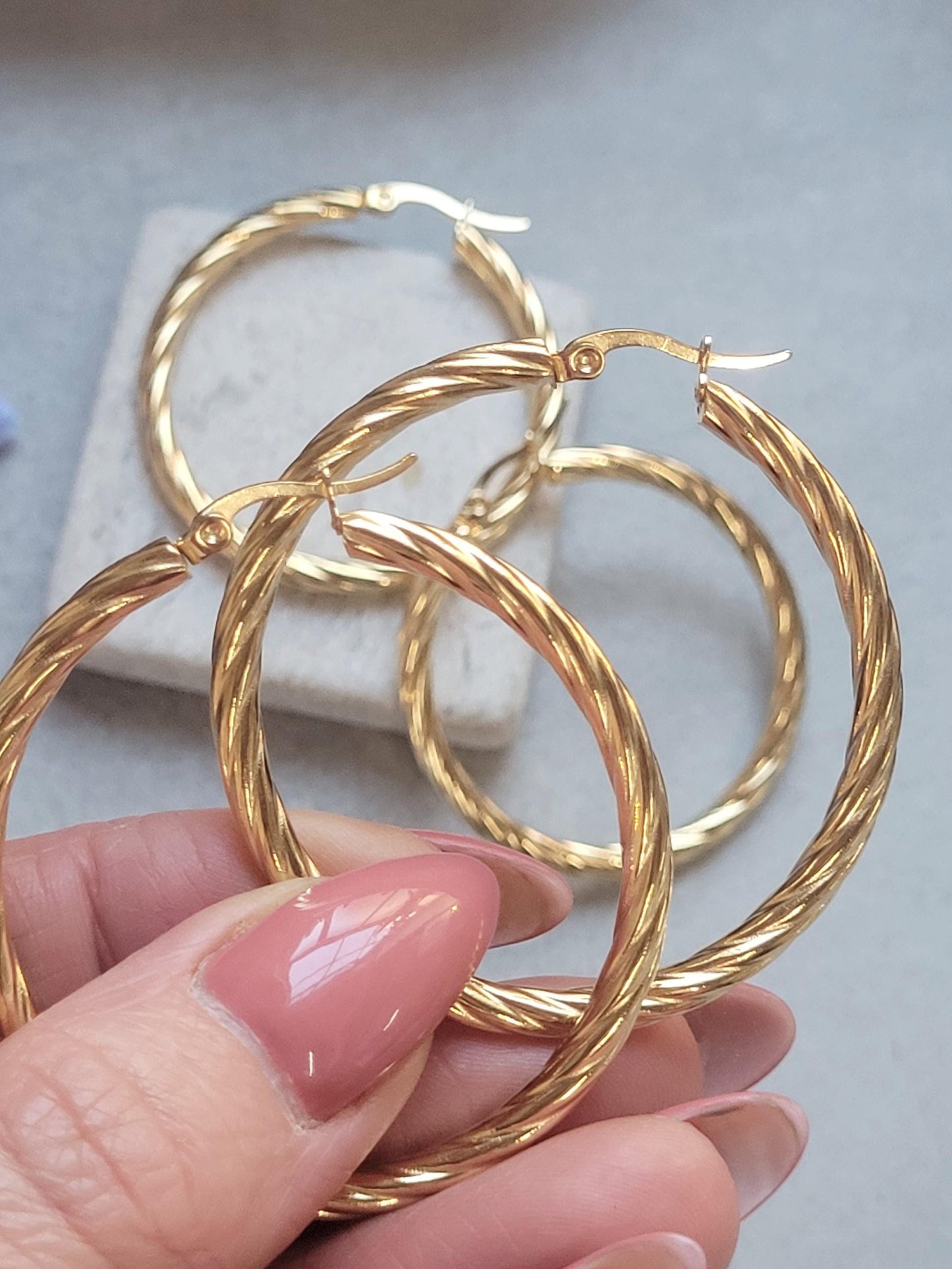 18K Gold Plated Twisted Hoop Earrings, Stainless Steel Waterproof Hoops, Hypoallergenic Jewellery, Tarnish Resistant, Minimalist Gold Earrin