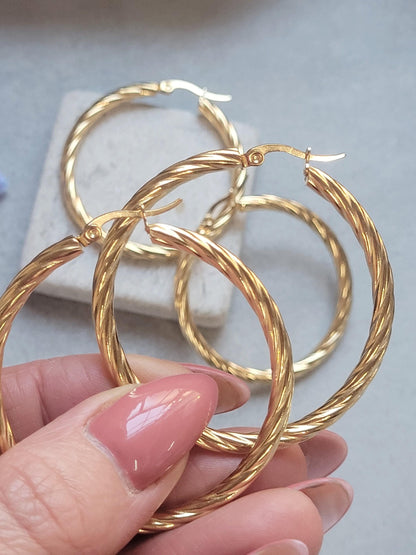 18K Gold Plated Twisted Hoop Earrings, Stainless Steel Waterproof Hoops, Hypoallergenic Jewellery, Tarnish Resistant, Minimalist Gold Earrin