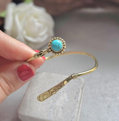 Hammered Brass Turquoise Cuff Bracelet, Infinity Open Bangle, Hypoallergenic Nickel Free Jewellery, Boho Bracelet, Gift for her