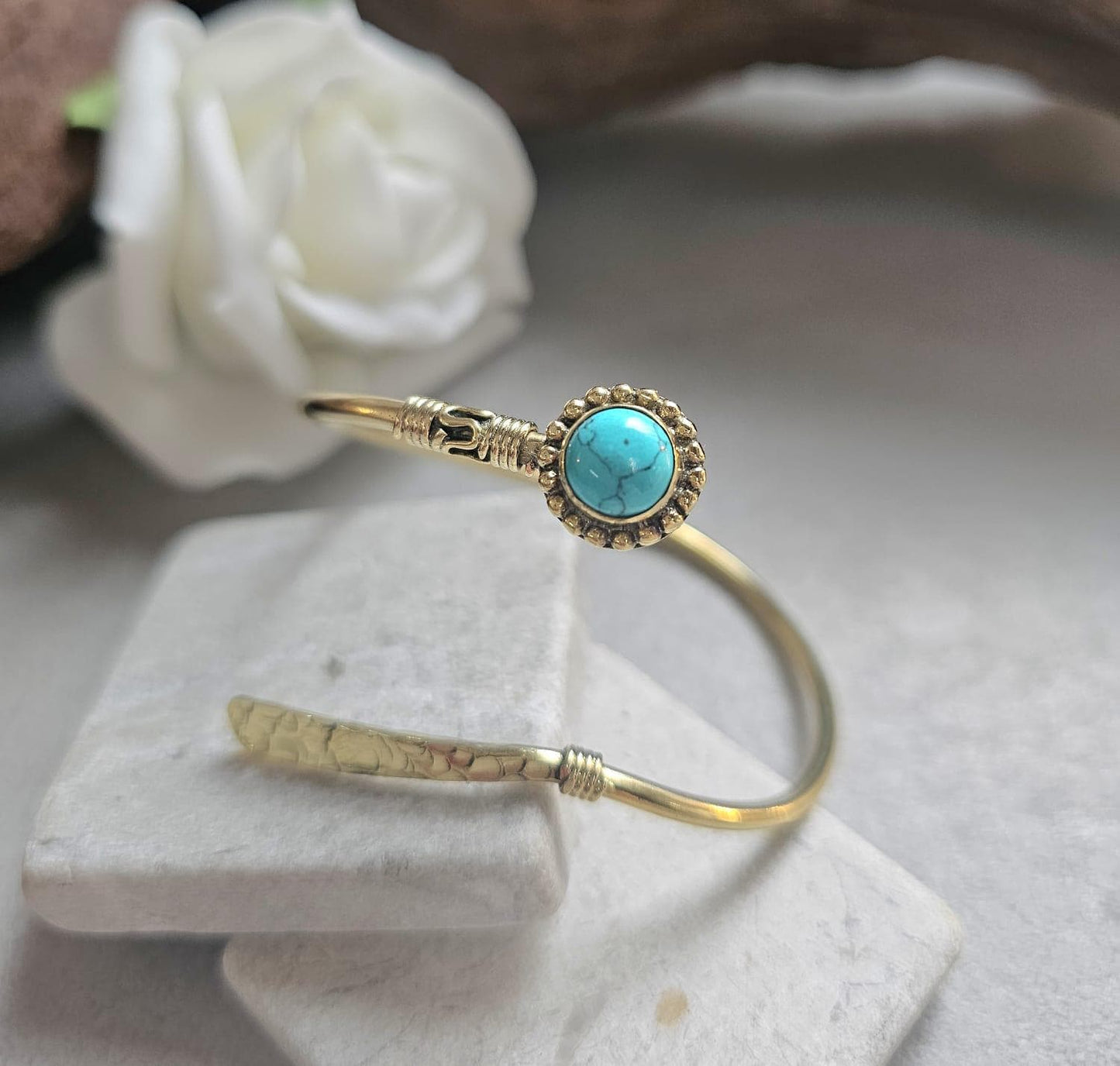 Hammered Brass Turquoise Cuff Bracelet, Infinity Open Bangle, Hypoallergenic Nickel Free Jewellery, Boho Bracelet, Gift for her