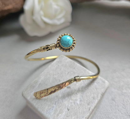 Hammered Brass Turquoise Cuff Bracelet, Infinity Open Bangle, Hypoallergenic Nickel Free Jewellery, Boho Bracelet, Gift for her
