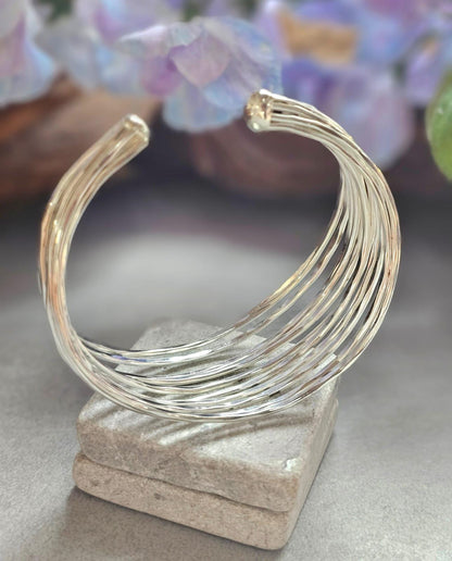 Silver Plated Multi Strand Cuff Bracelet, Chunky Statement Bangle, Layered Wire Bracelet, Minimalist Boho Jewellery, Adjustable Open Cuff