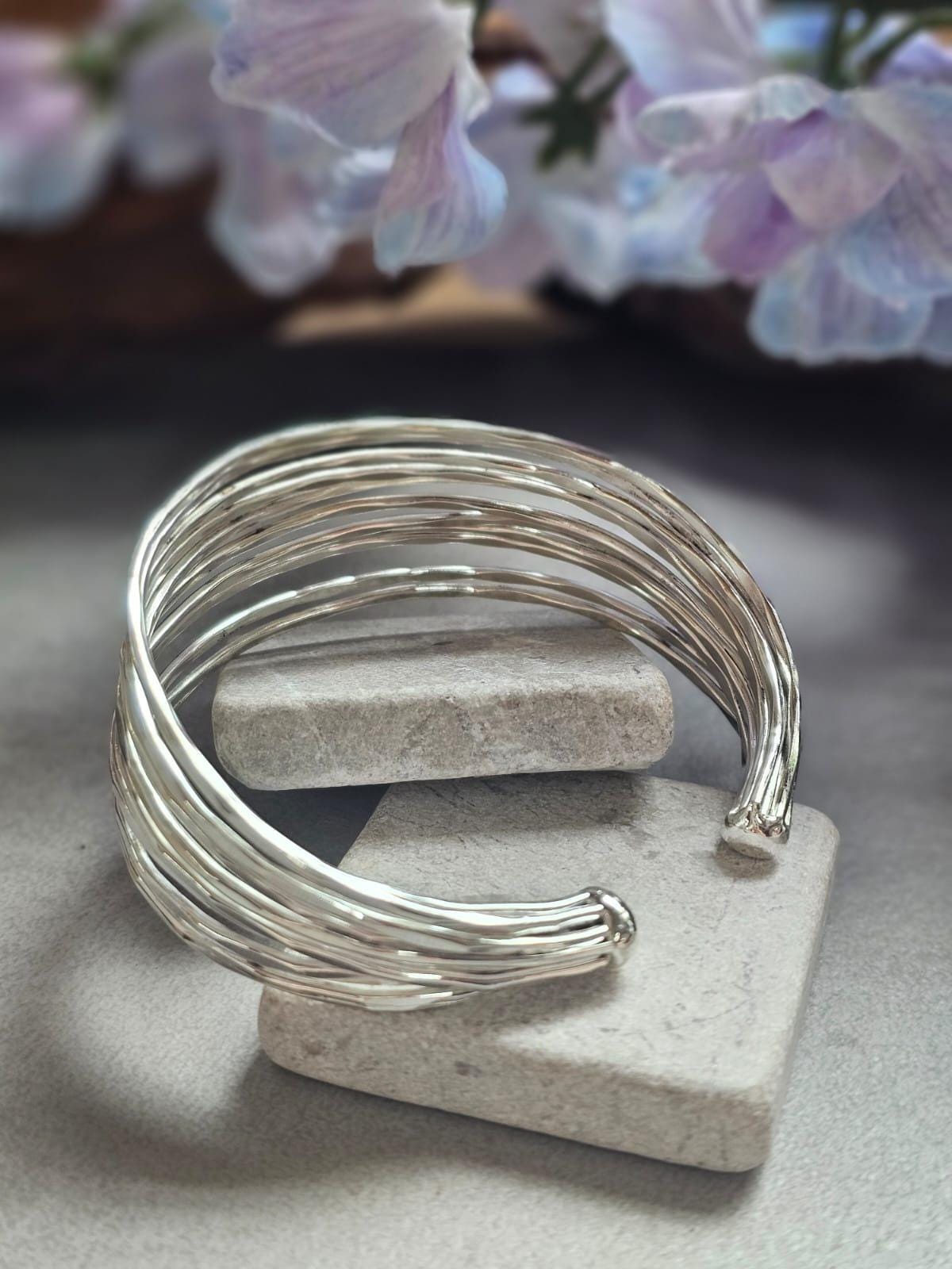Silver Plated Multi Strand Cuff Bracelet, Chunky Statement Bangle, Layered Wire Bracelet, Minimalist Boho Jewellery, Adjustable Open Cuff