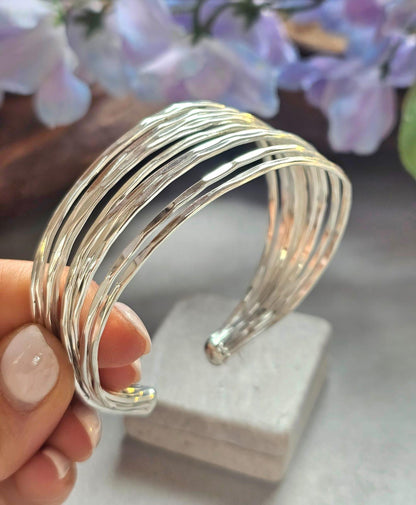 Silver Plated Multi Strand Cuff Bracelet, Chunky Statement Bangle, Layered Wire Bracelet, Minimalist Boho Jewellery, Adjustable Open Cuff