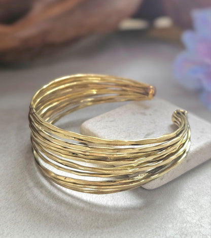 Gold Brass Multi Strand Cuff Bracelet, Chunky Layered Bangle, Statement Open Cuff, Boho Minimalist Jewellery, Adjustable Wrist Bracelet