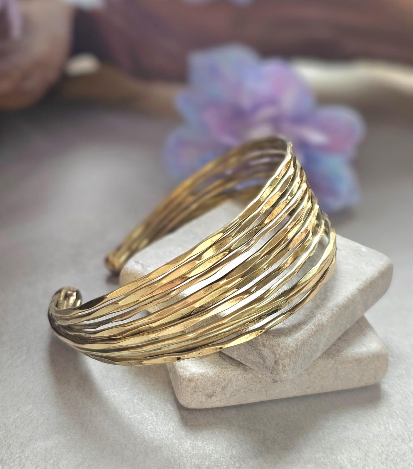 Gold Brass Multi Strand Cuff Bracelet, Chunky Layered Bangle, Statement Open Cuff, Boho Minimalist Jewellery, Adjustable Wrist Bracelet