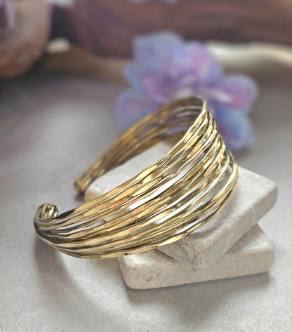 Gold Brass Multi Strand Cuff Bracelet, Chunky Layered Bangle, Statement Open Cuff, Boho Minimalist Jewellery, Adjustable Wrist Bracelet