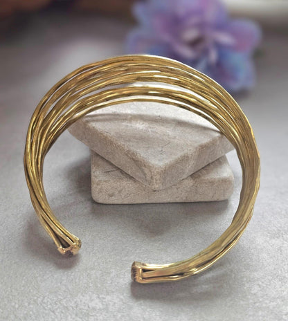 Gold Brass Multi Strand Cuff Bracelet, Chunky Layered Bangle, Statement Open Cuff, Boho Minimalist Jewellery, Adjustable Wrist Bracelet