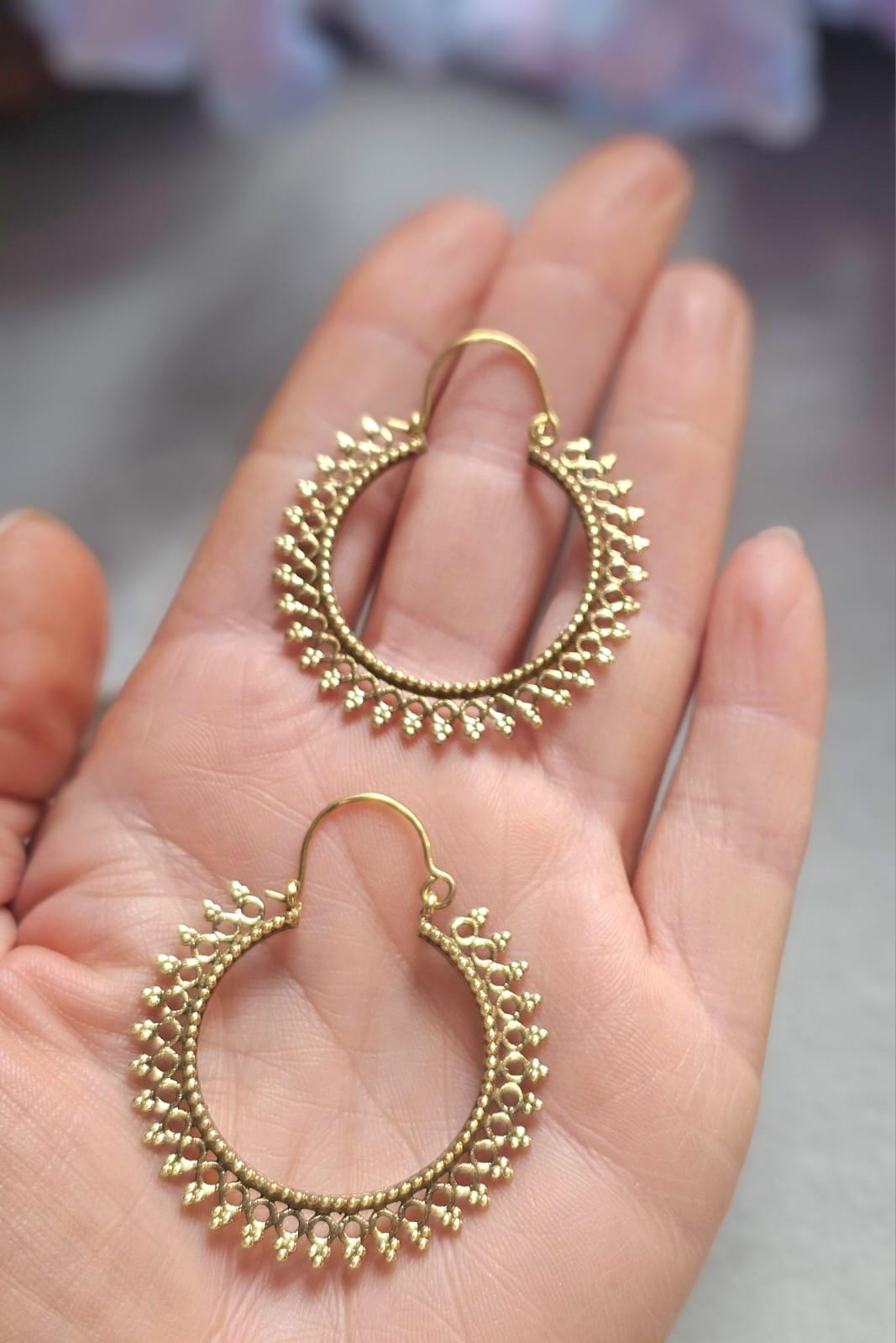 Boho Brass Hoop Earrings, Tribal Gold Hoops, Lightweight Statement Earrings, Festival Jewelry, Ethnic Bohemian Earrings, Gift for Her