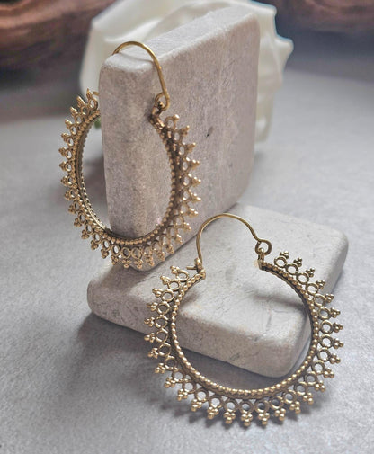 Boho Brass Hoop Earrings, Tribal Gold Hoops, Lightweight Statement Earrings, Festival Jewelry, Ethnic Bohemian Earrings, Gift for Her