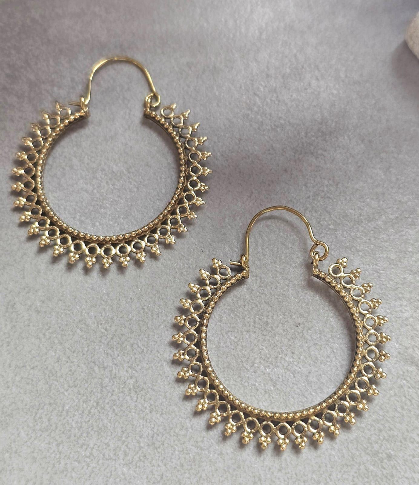 Boho Brass Hoop Earrings, Tribal Gold Hoops, Lightweight Statement Earrings, Festival Jewelry, Ethnic Bohemian Earrings, Gift for Her