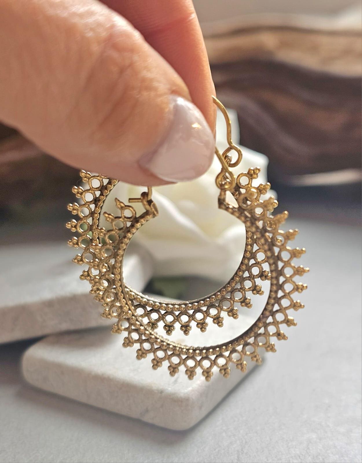 Boho Brass Hoop Earrings, Tribal Gold Hoops, Lightweight Statement Earrings, Festival Jewelry, Ethnic Bohemian Earrings, Gift for Her