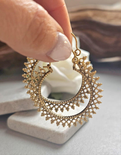 Boho Brass Hoop Earrings, Tribal Gold Hoops, Lightweight Statement Earrings, Festival Jewelry, Ethnic Bohemian Earrings, Gift for Her