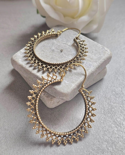 Boho Brass Hoop Earrings, Tribal Gold Hoops, Lightweight Statement Earrings, Festival Jewelry, Ethnic Bohemian Earrings, Gift for Her
