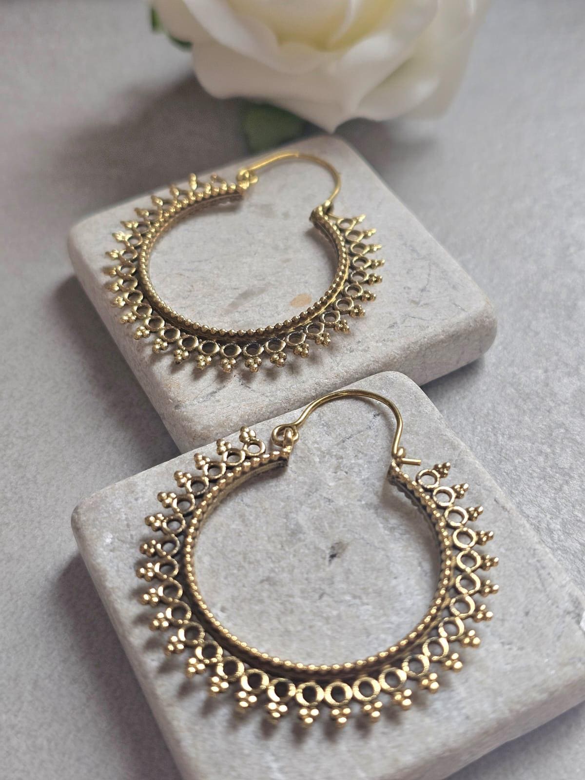 Boho Brass Hoop Earrings, Tribal Gold Hoops, Lightweight Statement Earrings, Festival Jewelry, Ethnic Bohemian Earrings, Gift for Her