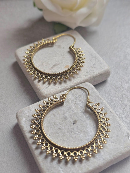 Boho Brass Hoop Earrings, Tribal Gold Hoops, Lightweight Statement Earrings, Festival Jewelry, Ethnic Bohemian Earrings, Gift for Her