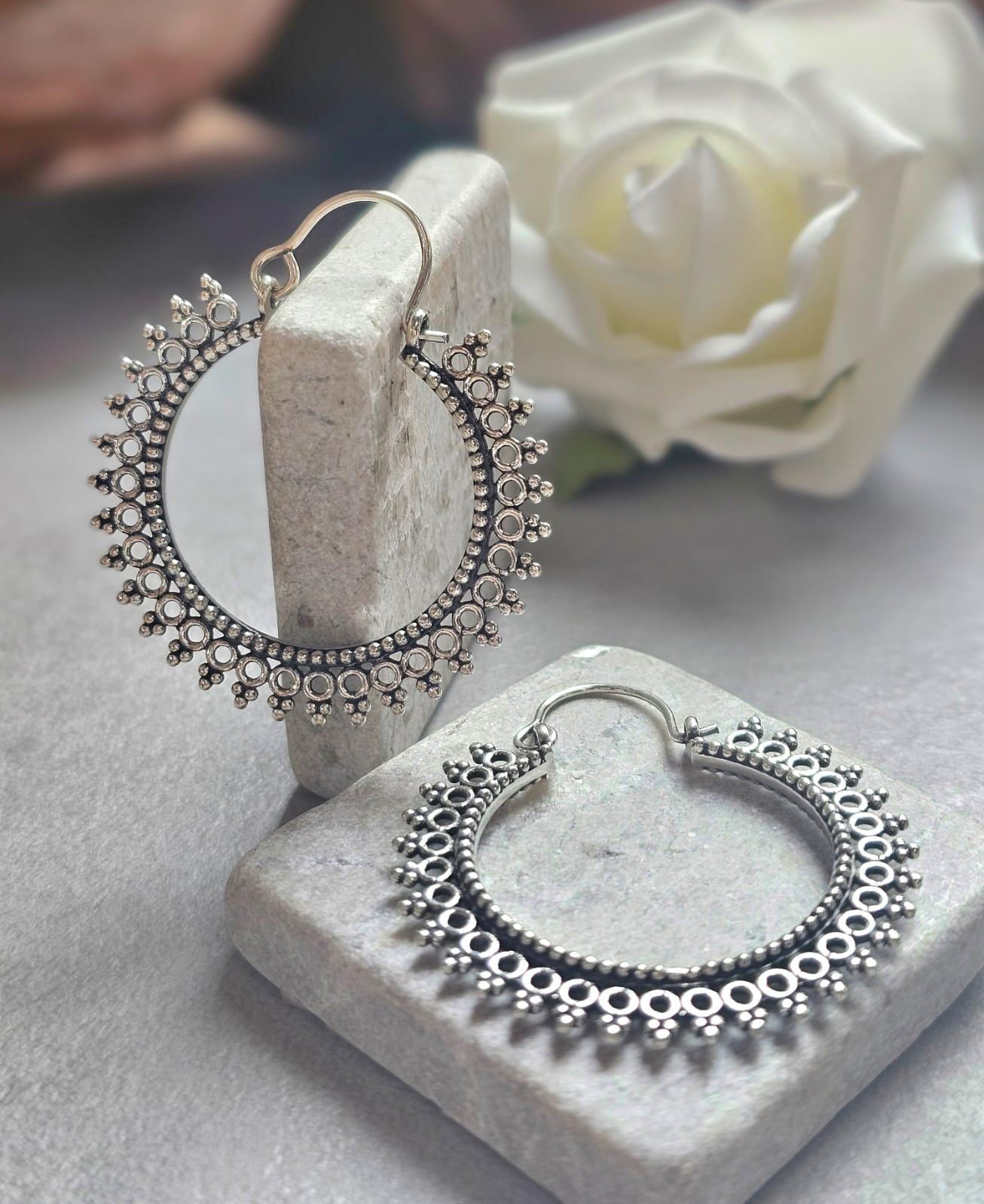 Silver Hoop Earrings, Boho Statement Hoops, Detailed Silver Earrings, Lightweight Unique Earrings, Hypoallergenic Jewelry, Gift for Her