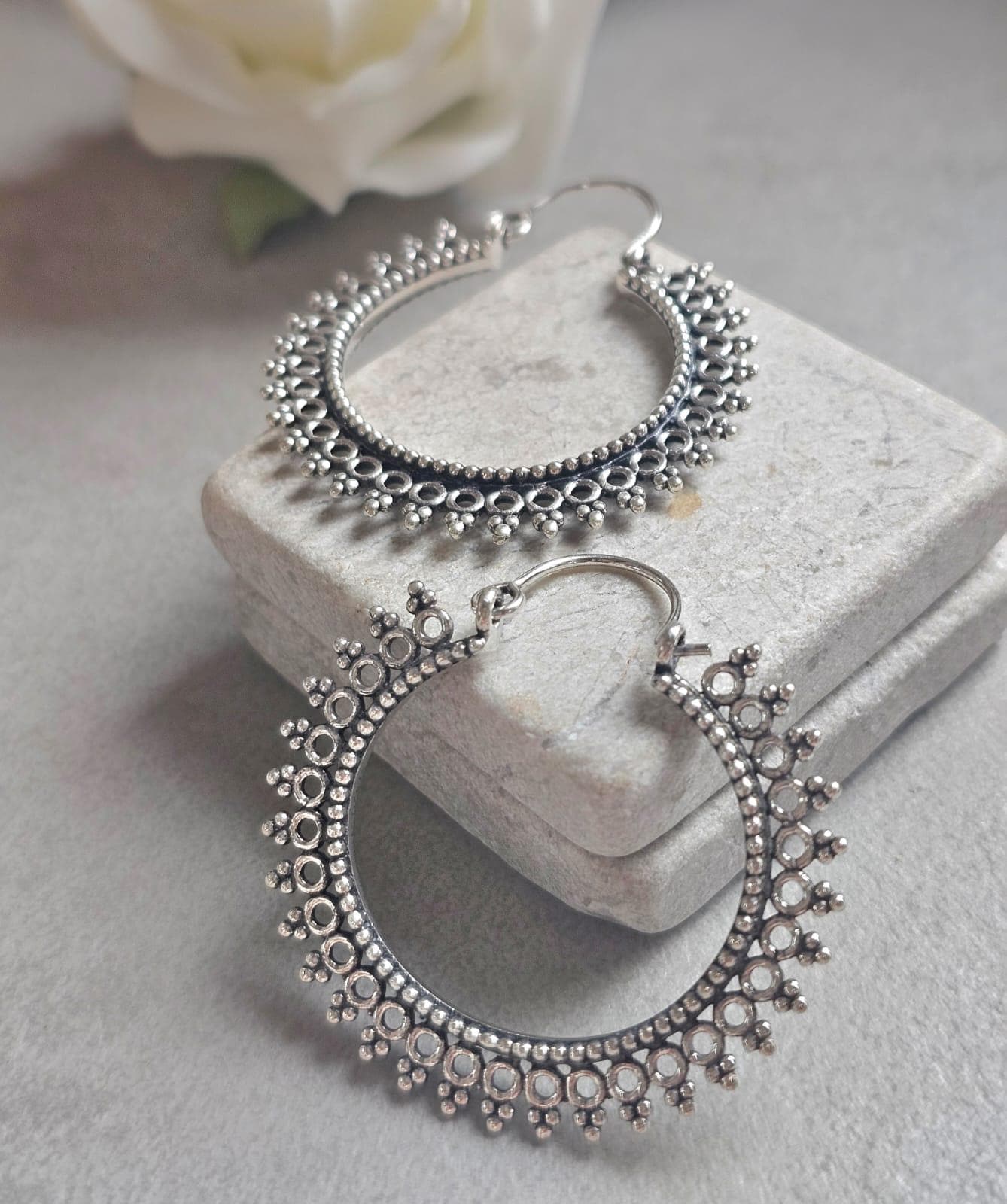 Silver Hoop Earrings, Boho Statement Hoops, Detailed Silver Earrings, Lightweight Unique Earrings, Hypoallergenic Jewelry, Gift for Her