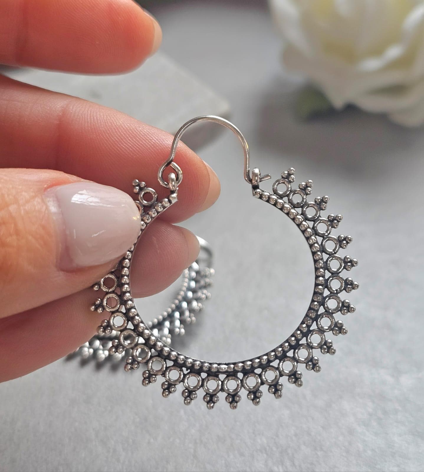 Silver Hoop Earrings, Boho Statement Hoops, Detailed Silver Earrings, Lightweight Unique Earrings, Hypoallergenic Jewelry, Gift for Her