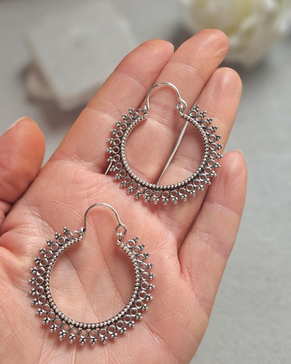 Silver Hoop Earrings, Boho Statement Hoops, Detailed Silver Earrings, Lightweight Unique Earrings, Hypoallergenic Jewelry, Gift for Her