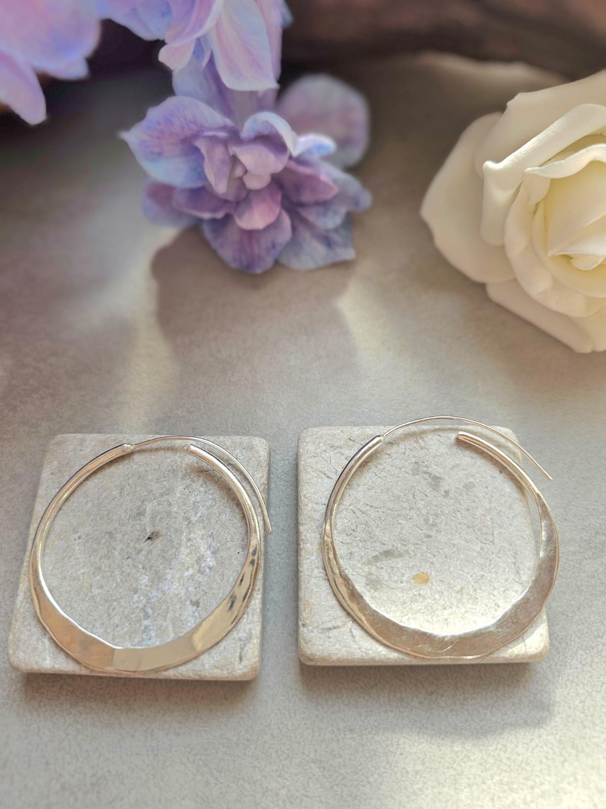 4.5cm Silver Hoop Earrings | Elegant Hammered Effect Hoops | Lightweight Silver Plated Earrings | Modern Everyday Jewellery | Nickel Free