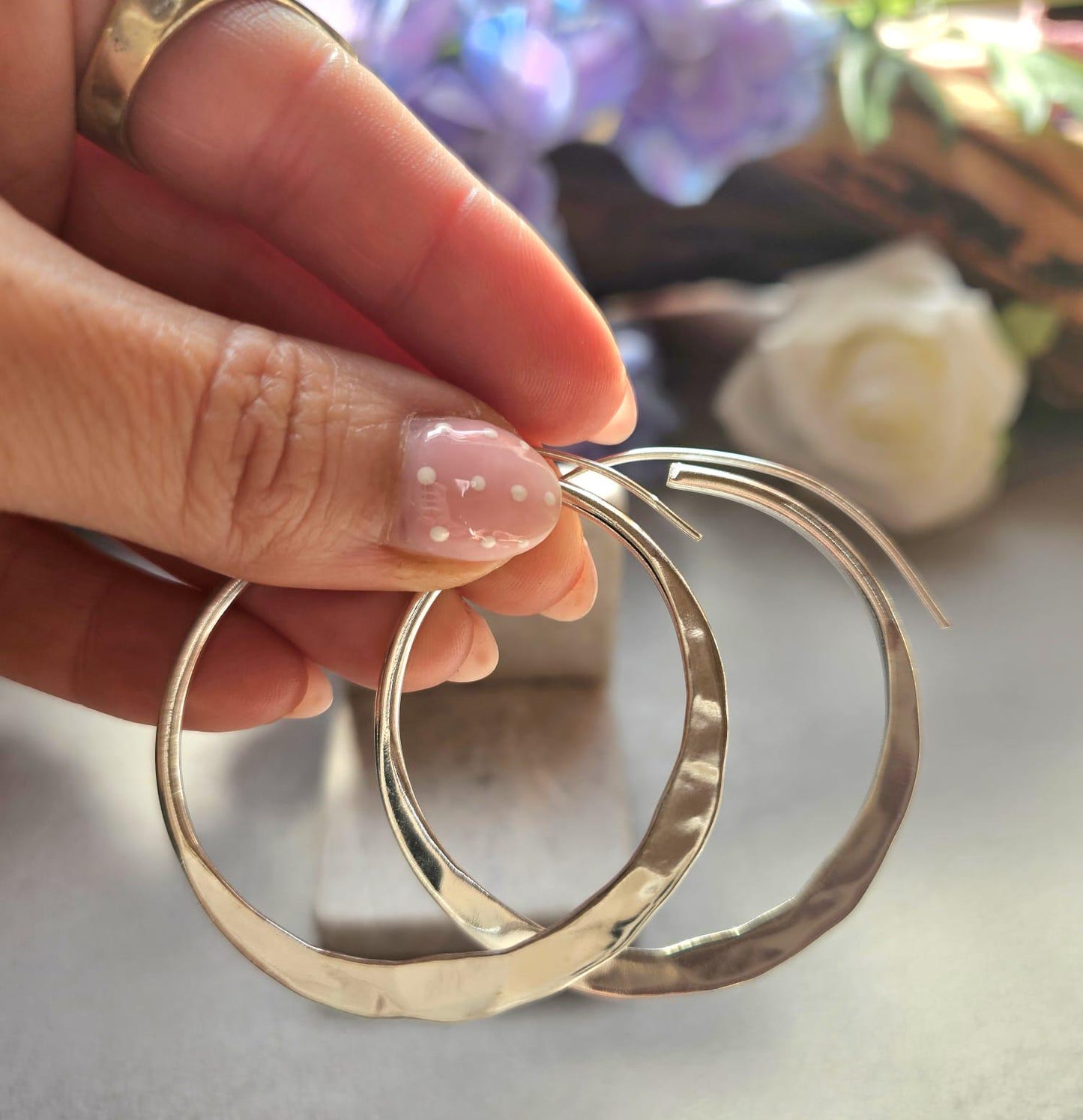 Statement Silver Hoop Earrings 5cm | Hammered Effect Silver Plated Hoops | Lightweight Bold Earrings | Modern Jewellery | Nickel Free
