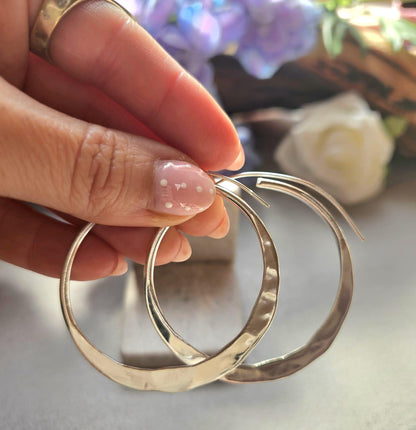 Statement Silver Hoop Earrings 5cm | Hammered Effect Silver Plated Hoops | Lightweight Bold Earrings | Modern Jewellery | Nickel Free