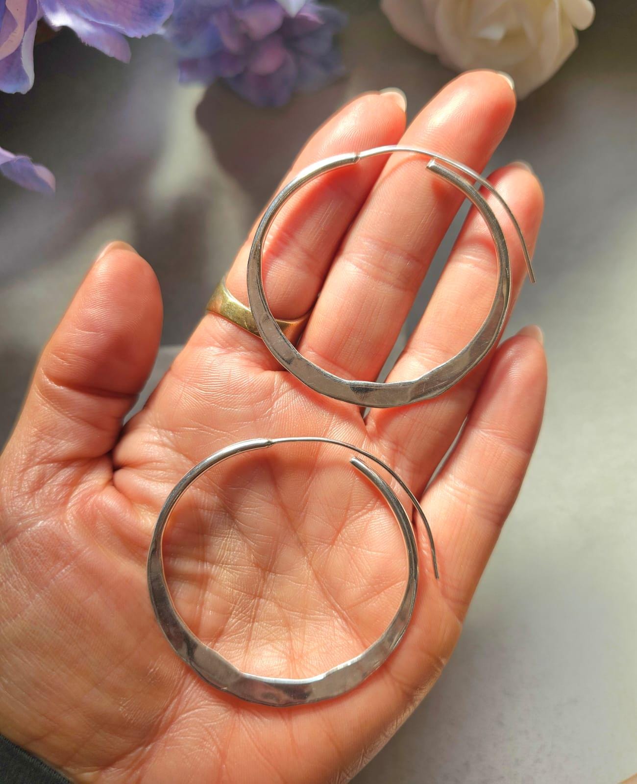 Statement Silver Hoop Earrings 5cm | Hammered Effect Silver Plated Hoops | Lightweight Bold Earrings | Modern Jewellery | Nickel Free