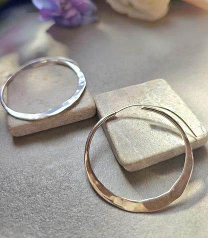 Statement Silver Hoop Earrings 5cm | Hammered Effect Silver Plated Hoops | Lightweight Bold Earrings | Modern Jewellery | Nickel Free