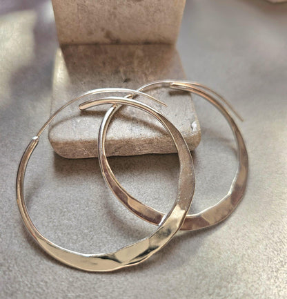 Statement Silver Hoop Earrings 5cm | Hammered Effect Silver Plated Hoops | Lightweight Bold Earrings | Modern Jewellery | Nickel Free